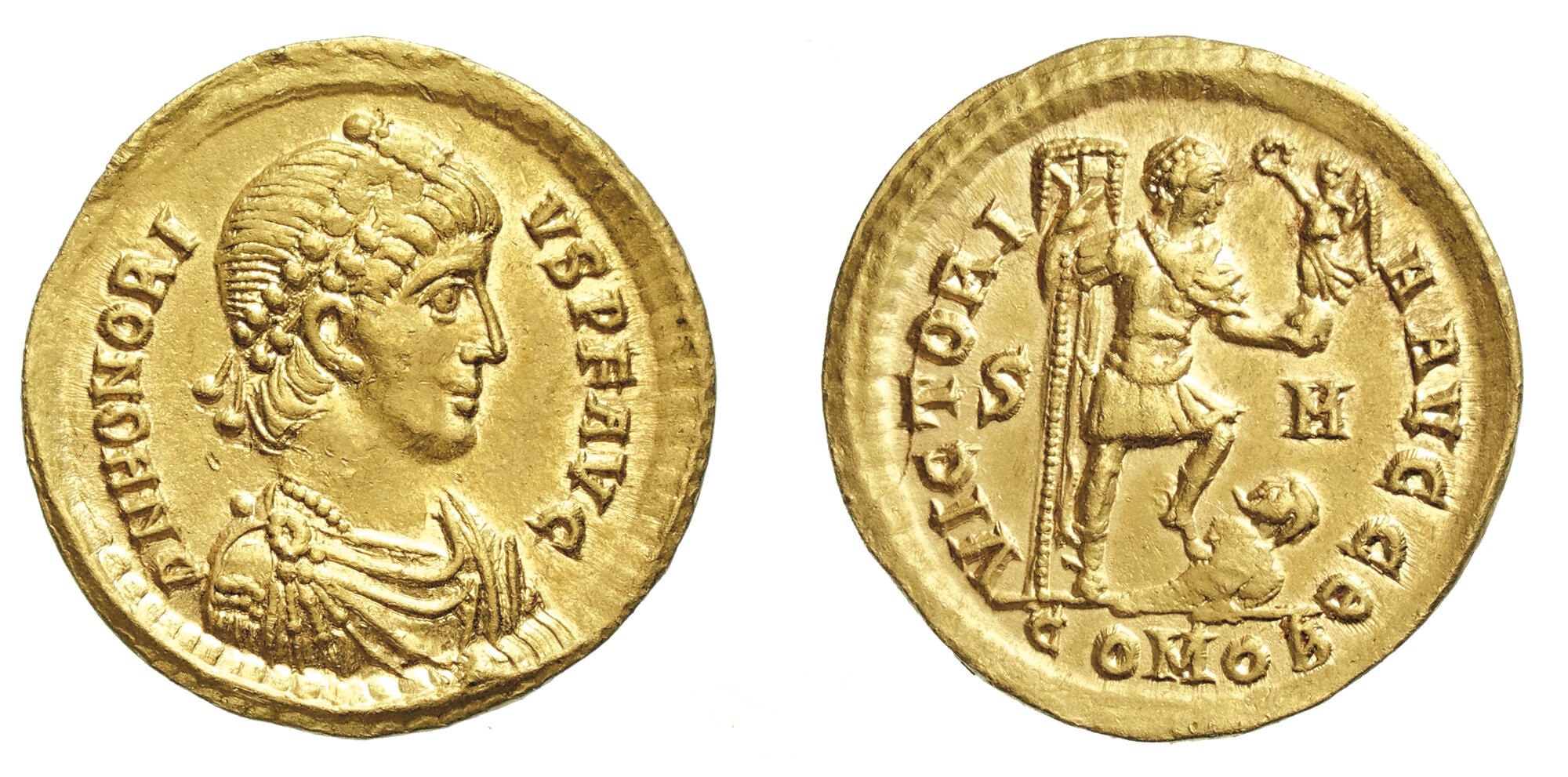 Onorio (393-423 d.C.): solido "VICTORIA AVGG", zecca di Sirmium (RIC#14e), grammi 4.40, grande qualità . Ex asta Varesi, 81, lotto 108