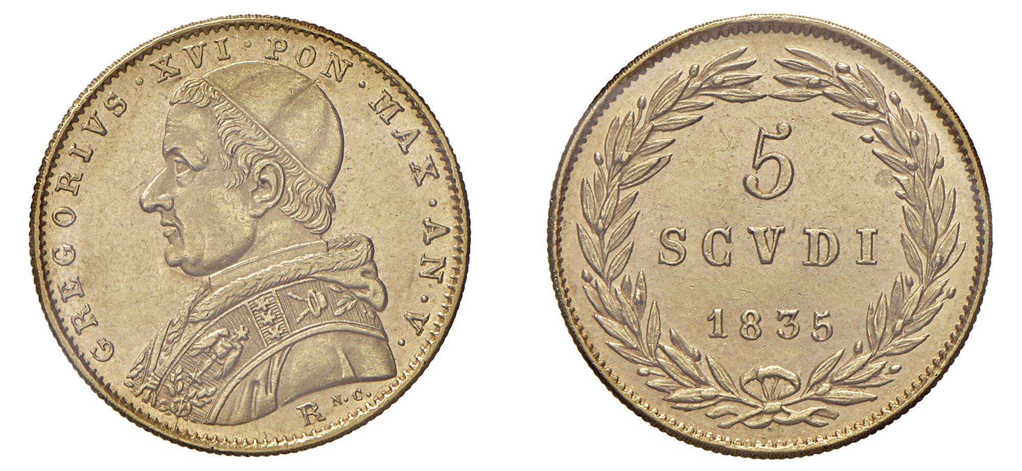 BOLOGNA GREGORIO XVI (1831-1846) 5 Scudi 1835 V Pagani 137a Au 8,66 g 23,3 mm R • Sigillata SPL da Raffaele Negrini, Ex Varesi, 84, lotto 478