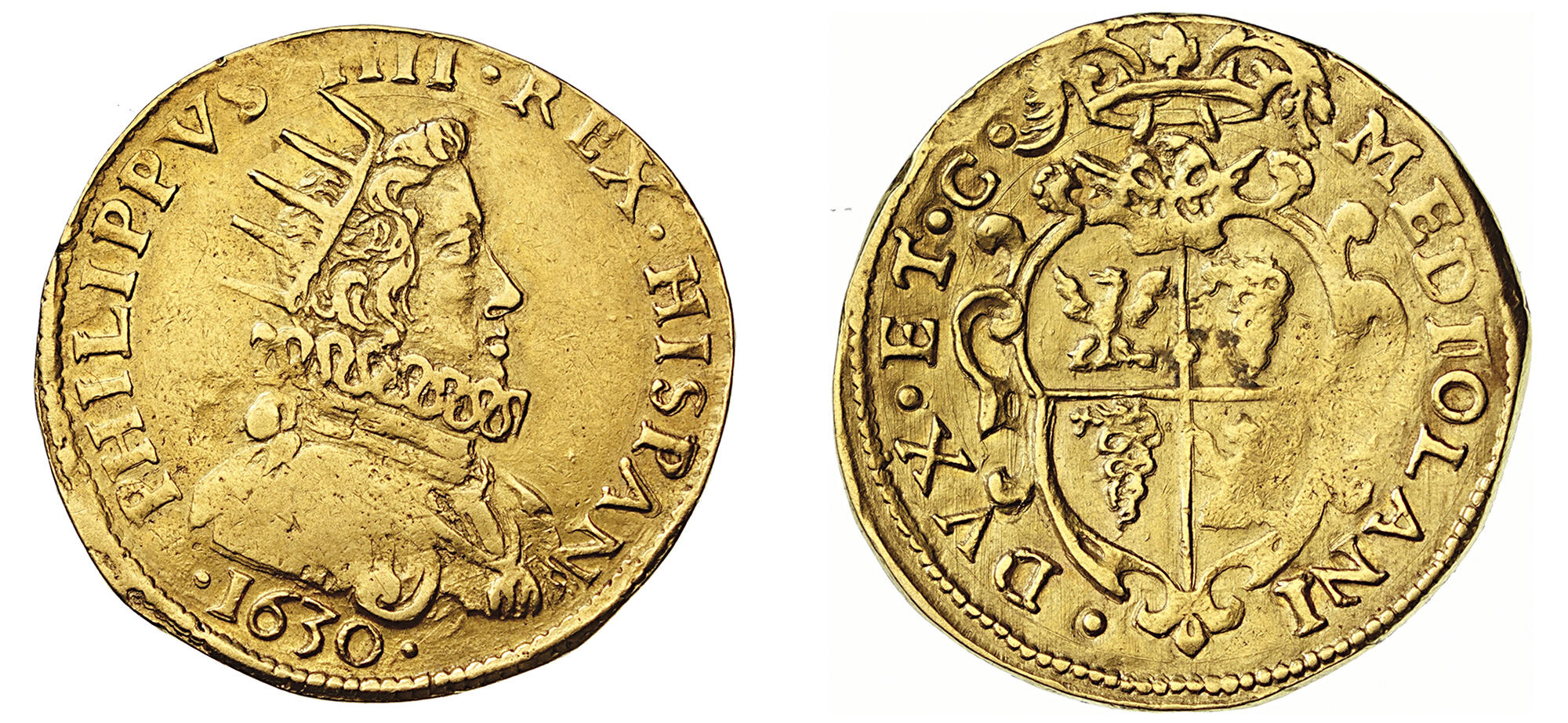 MILANO FILIPPO IV DI SPAGNA (1621-1665) Da 4 Scudi d'oro o Quadrupla 1630 D/ Busto corazzato e coronato con colletto alla spagnola S/ Stemma coronato con rami di palma MIR 395/6 Crippa 3/A Au 12,76 g 28,5 mm R • Di modulo largo, ex varesi, 84 663