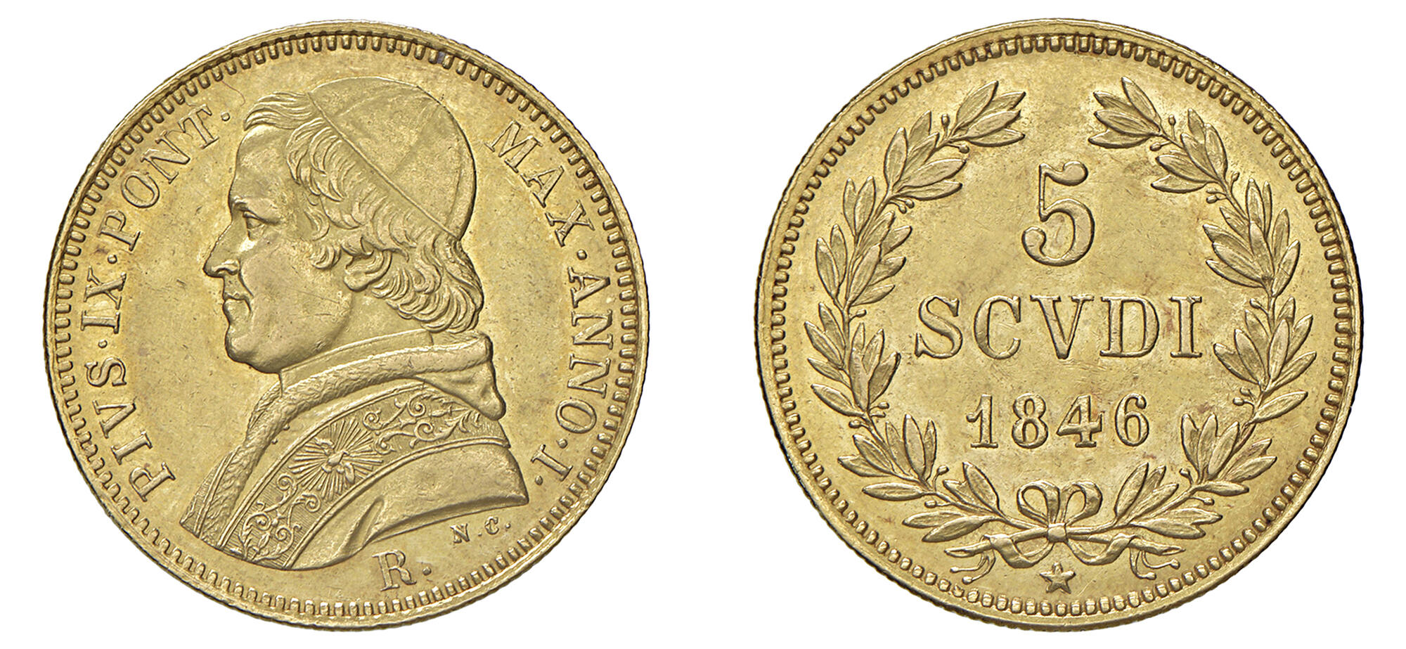 ROMA PIO IX (1846-1878) 5 Scudi 1846 I Pagani 304 Au 8,66 g 23,1 mm, ex asta Varesi, 84, lotto 803