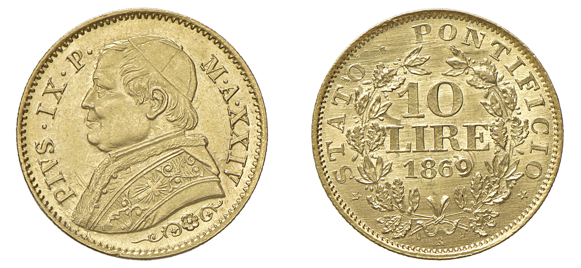 ROMA PIO IX (1846-1878) 10 Lire 1869 XXIV Pagani 543 Au 3,22 g 19,3 mm, ex asta Varesi, 84, lotto 854