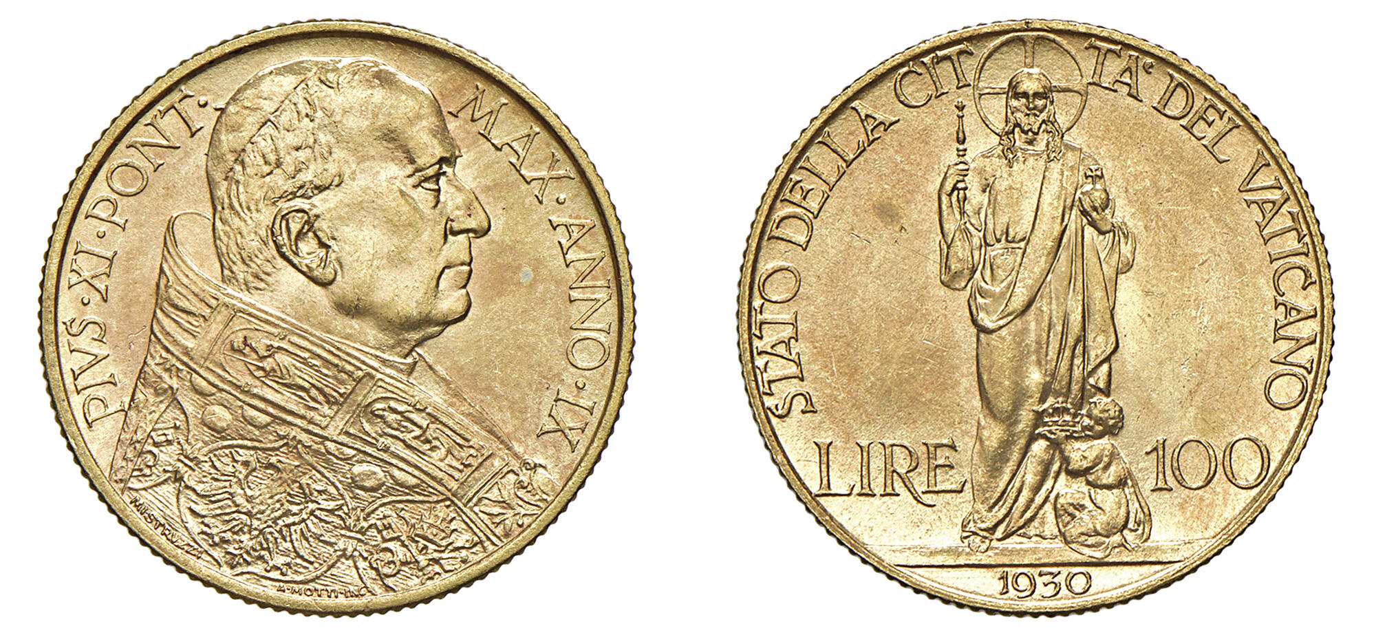 ROMA PIO XI (1929-1938) Serie di 9 valori (Lire 100, 10, 5, 2, 1 - Centesimi 50, 20, 10 e 5) 1930 IX Roma Au, Ag, Ni, Cu FDC. Ex asta Varesi, 84, lotto 862