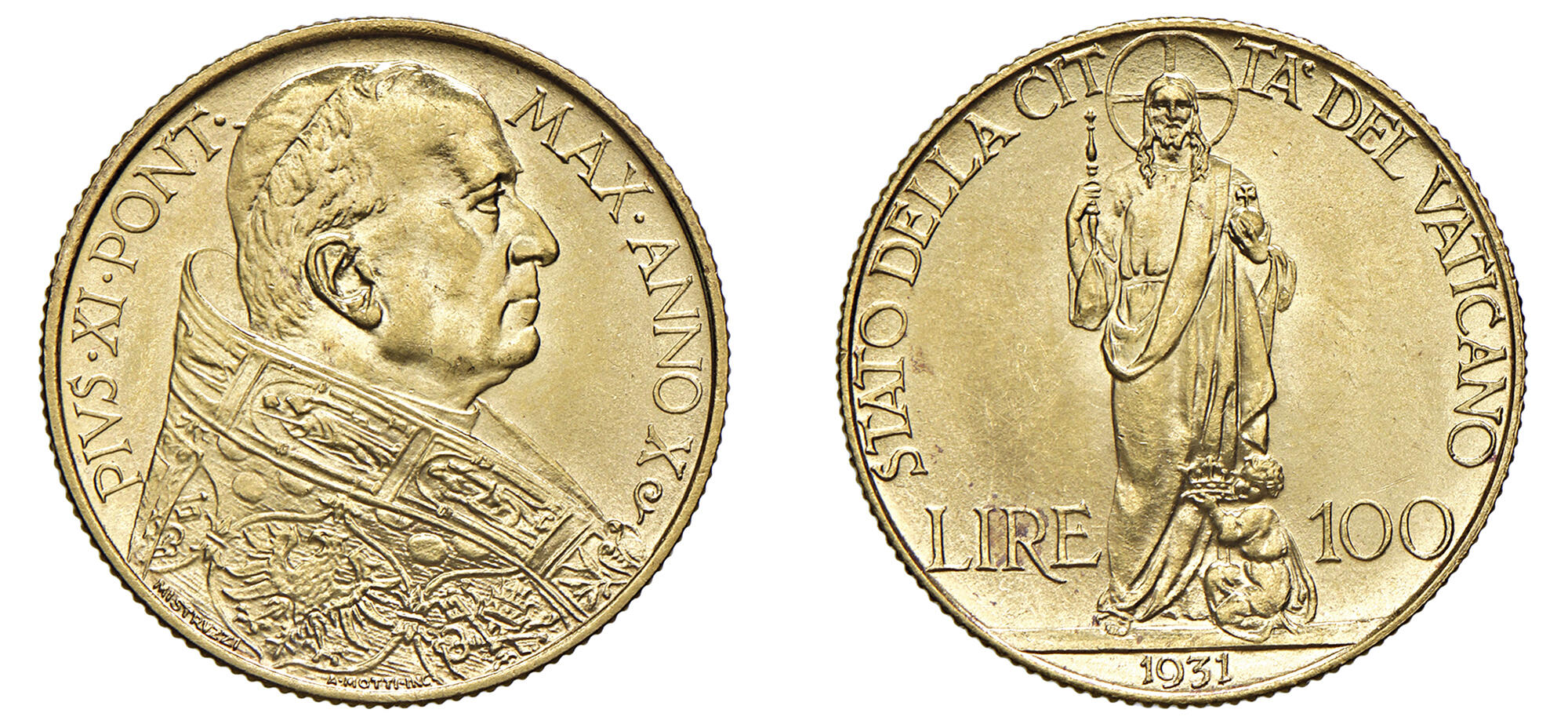 ROMA PIO XI (1929-1938) Serie di 9 valori (Lire 100, 10, 5, 2, 1 - Centesimi 50, 20, 10 e 5) 1931 X Roma Au, Ag, Ni, Cu FDC. Ex asta Varesi, 84, lotto 863
