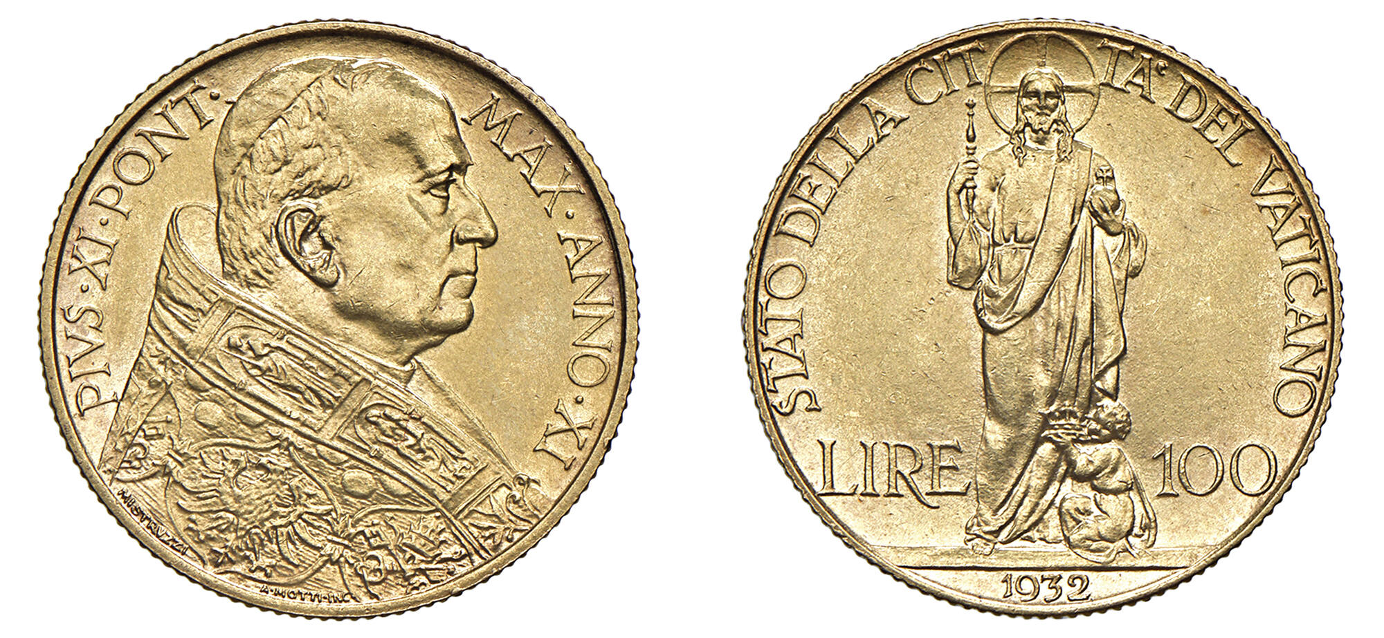 ROMA PIO XI (1929-1938) Serie di 9 valori (Lire 100, 10, 5, 2, 1 - Centesimi 50, 20, 10 e 5) 1932 XI Roma Au, Ag, Ni, Cu SPL÷FDC, ex asta Varesi, 84, lotto 864