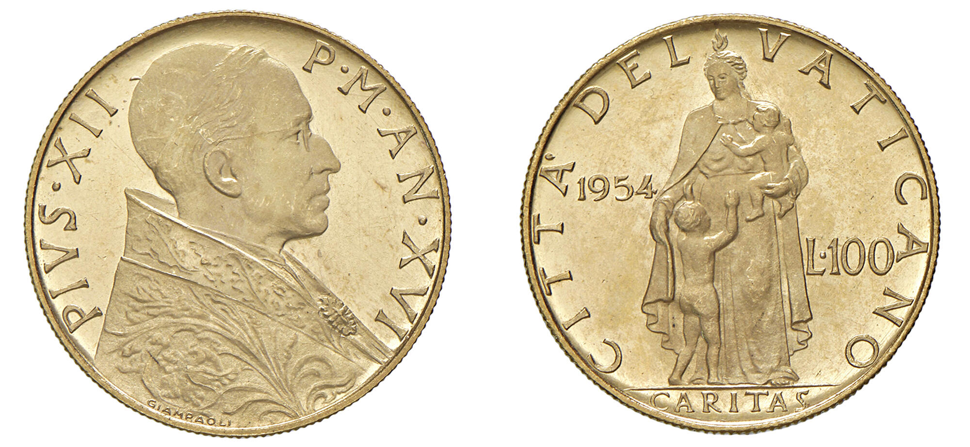 ROMA PIO XII (1939-1958) 100 Lire 1954 XVI Roma Pagani 720 Au 5,20 g 20,8 mm, ex asta Varesi, 84, lotto 886