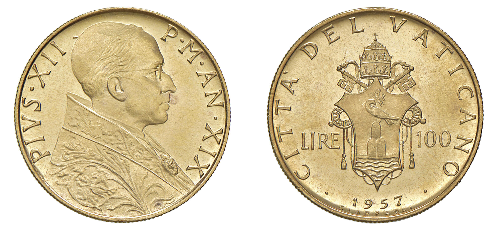 ROMA PIO XII (1939-1958) Serie di 8 valori (Lire 100 oro, 100 Ac, 50, 20, 10, 5, 2, 1) 1957 XIX Roma Au, Ac, Ba, It. Ex asta Varesi, 84, lotto 889