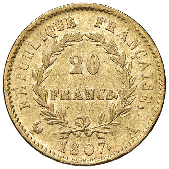 FRANCIA Napoleone I (1804-1814) 20 Franchi 1807 A - Gad. 1023a AU (g 6,42), ex Nomisma Aste Verona, 8, lotto 142