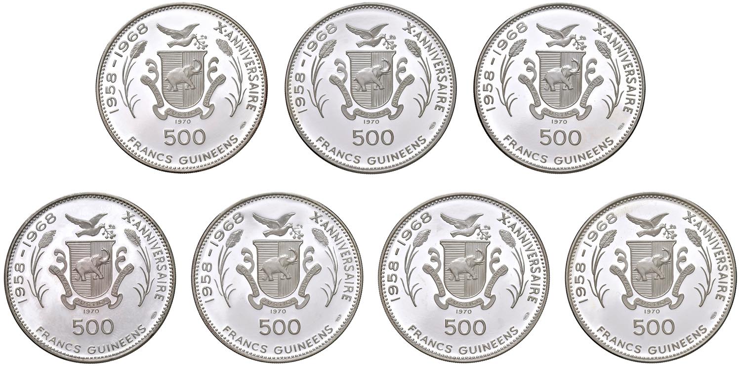 GUINEA REPUBBLICA Set completo composto da 7 esemplari di 500 Franchi 1970 della serie Faraoni - AG (g 29,00 cad.) Cleopatra 500 Francs, KM24; Echnaton 500 Francs, KM22; Ramses III 500 Francs, KM26; Tutankhamen 500 Francs, KM27; Chephren 500 Francs, KM23; Queen Teyi 500 Francs, KM28; Nefertiti 500 Francs, KM25..ex Nomisma Aste Verona, 8, lotto 181
