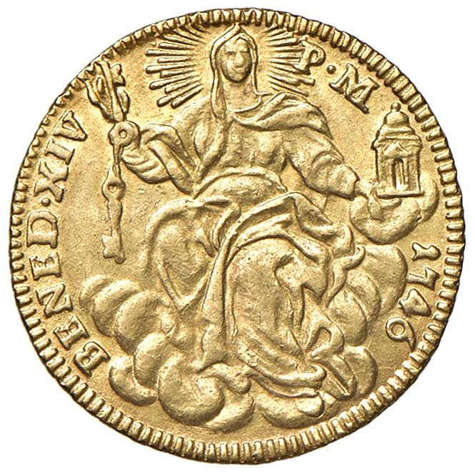 Benedetto XIV (1740-1758) Zecchino 1746 - Munt. 13a AU (g 3,45), ex Nomisma Aste Verona, 8, lotto 2066