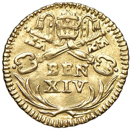 Benedetto XIV (1740-1758) Mezzo scudo - Munt. 38 AU (g 0,91), ex Nomisma Aste Verona, 8, lotto 2068
