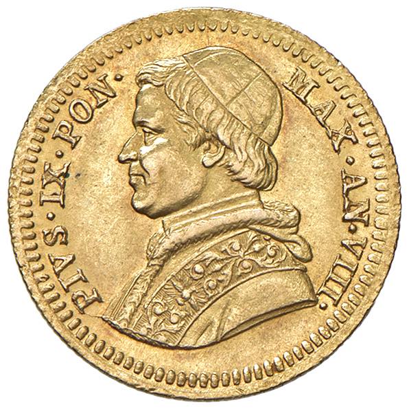 Pio IX (1846-1878) 2,50 Scudi 1854 An. VIII - Muntoni 6b AU (g 4,33), ex Nomisma Aste Verona, 8, lotto 2159