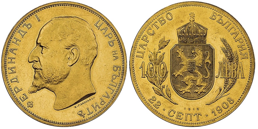 Bulgaria, Ferdinand I (1887-1918): 100 leva 1912 (KM#34; Friedberg#5), in slab NGC MS60PL, ex asta Gadoury, 14-10-2023, lotto 154