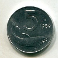 Repubblica Italiana (dal 1946): 5 lire 1989 "delfino", timone rovesciato (Gigante#311a)