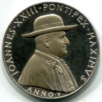 Giovanni XXIII (1958-1963): medaglia annuale 1962-V "Basiliche di Loreto e Assisi" (Montenegro#10), colpetto, confezione originale rovinata