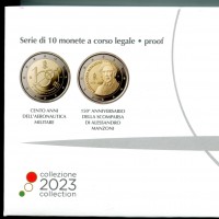 Italia 2023: serie annuale 10 pezzi Proof, contiene i 2 euro commemorativi di: Aeronautica Militare, Alessandro Manzoni. In confezione ufficiale.  
