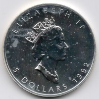 Canada, Elisabetta II (1952-2022): 5 dollari 1992 "Maple Leaf", white milk spots, -Oncia-