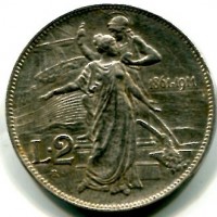 Vittorio Emanuele III (1900-1943): 2 lire 1911 "Cinquantenario" (Gigante#100)
