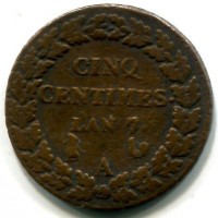 Francia, Direttorio (1795-1799): 5 centimes L' AN 7-A (Gadoury#126)
