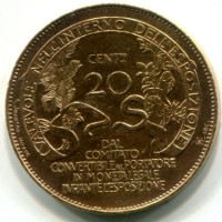 Vittorio Emanuele III (1900-1943): buono da 20 cent. 1906 "Esposizione di Milano" (Gigante#2), moneta dorata.

