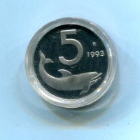 Repubblica Italiana (dal 1946): 5 lire 1993 "Delfino", da confezione zecca