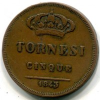 Napoli, Ferdinando II (1830-1859): 5 tornesi 1843 (Gigante#220)
