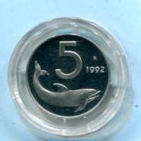 Repubblica Italiana (dal 1946): 5 lire 1992 "Delfino", da confezione zecca