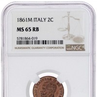 Vittorio Emanuele II (1861-1878): 2 cent. 1861-Mi (Gigante#107), in slab NGC MS65RB, conservazione eccezionale con fondi speculari