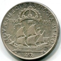 Svezia, Gustaf V (1907-1950): 2 kronor 1938 "300° Anniversario New Sweden" (KM#807)
