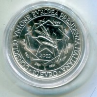 Italia 2003: 10 euro "Consiglio Unione Europea-Presidenza Italiana", in confezione originale.
