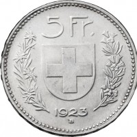Svizzera, Confederazione: 5 franchi 1923, grande qualità ma colpetto al bordo del R/