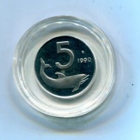 Repubblica Italiana (dal 1946): 5 lire 1990 "Delfino", da confezione zecca