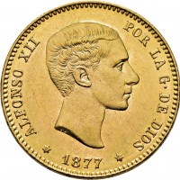 Spagna, Alfonso XII (1874-1885): 25 pesetas 1877 (77) (Cayon#17525), grammi 8.04