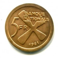 Katanga: 5 franchi 1961 (KM#2a), grammi 13.5