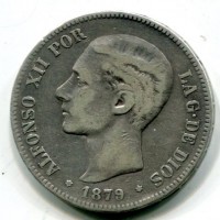 Spagna, Alfonso XII (1874-1885): 5 pesetas 1879 (KM#676)
