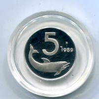 Repubblica Italiana (dal 1946): 5 lire 1989 "Delfino", da confezione zecca