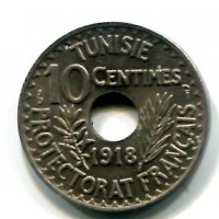 Tunisia, Protettorato francese, Muhammad Al-Nasir Bey (1324-1340/1906-1922): 10 cent. 1918 (KM#243)
