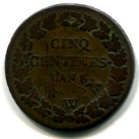 Francia, Direttorio (1795-1799): 5 centimes L' AN 6-W, cifra 6 su 5 (Gadoury#126)
