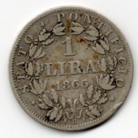 Roma, Pio IX (1846-1870): 1 lira 1866-XXI "Busto Grande" (Gigante#297)
