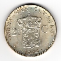 Curacao, Guglielmina (1890-1948): 2 1/2 gulden 1944-D (KM#46)
