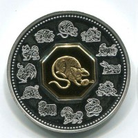 Canada, Elisabetta II (1952-2022): 15 dollari 2008 "Calendario lunare cinese, anno del topo" (KM#801), in conf.originale. L'inserto centrale e' in oro 999.
