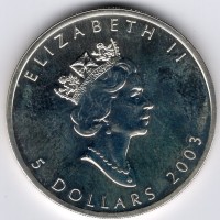 Canada, Elisabetta II (1952-2022): 5 dollari 2003 "Maple Leaf" -Oncia Acero-
