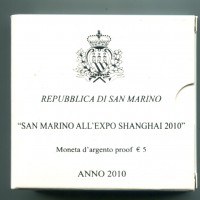 San Marino 2010: 5 euro "San Marino All'Expo Shanghai 2010", -Proof- in confezione originale, la scatola rossa è leggermente rovinata
