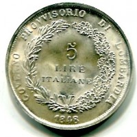 Lega Lombarda: medaglia "Lega Nord", a imitazione del 5 lire 1848 di Milano. Diametro 29 mm. Gr. 10,40