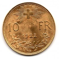 Svizzera, Confederazione: 10 franchi 1922 (KM#36)
