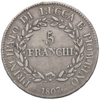 Lucca, Elisa Bonaparte e Felice Baciocchi (1805-1814): 5 franchi 1807, busti medi (Gigante#4)