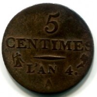 Francia, Direttorio (1795-1799): 5 centimes L' AN 4-A (Gadoury#124)
