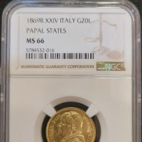 Roma, Pio IX (1846-1870): 20 lire 1869-XXIV (Gigante#272), in slab NGC MS66, conservazione assolutamente eccezionale, un vero gioiello dai fondi immacolati e lucenti