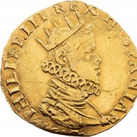 Milano, Filippo III (1598-1621): doppia 1617 (MIR,279#339/2; Crippa#2/A), grammi 6.59, graffi al D/ e un po' pulita. Moneta di grande rarità con pochissimi passaggi in asta
