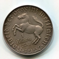 Germania, Repubblica di Weimar, Westphalia (1919-1933): 1 billion di marchi (Jaeger#N28), piccolo colpetto ma grande qualità per questa rara moneta di grandi dimensioni