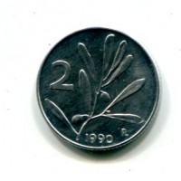 Repubblica Italiana (dal 1946): 2 lire 1990 "Olivo" (Gigante#349), da confezione zecca